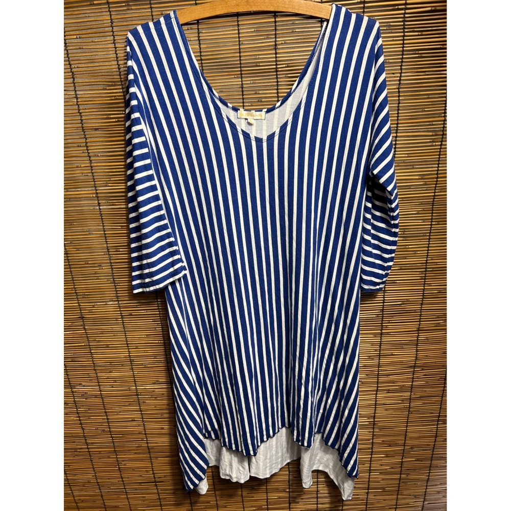 Zen-Knits Large Tunic Top Blue White Striped V-Neck Knit 3/4 Sleeve